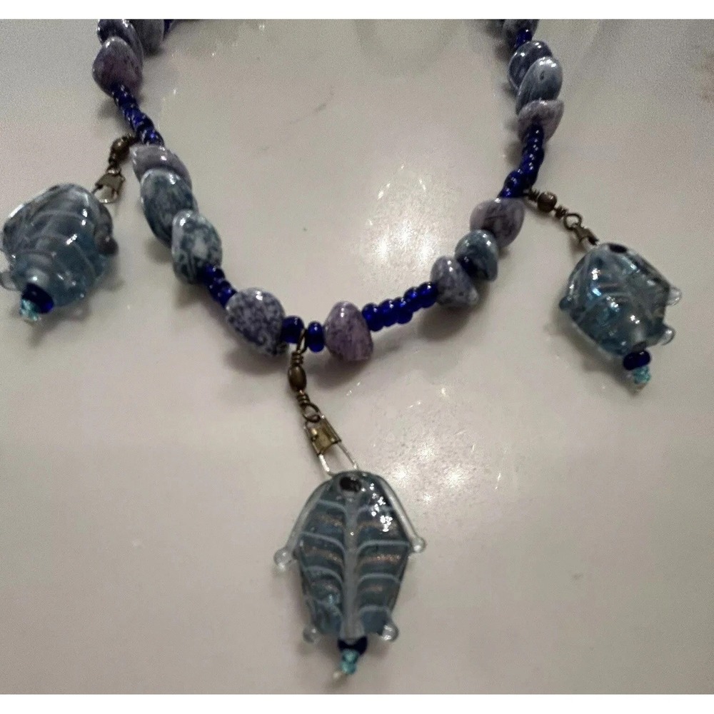 Blue Glass Fish Bead Statement Necklace Unique 15" Artsy Lobster Claw Clasp